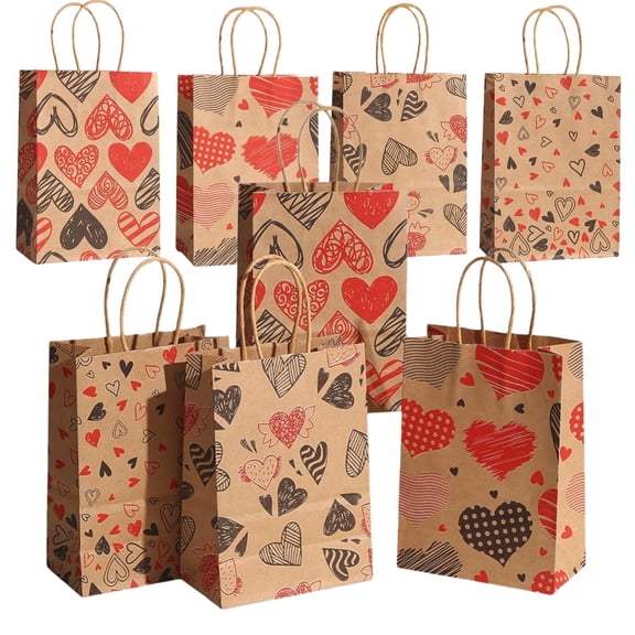 24 PCS Heart Print Kraft Paper Gift Bags for Valentine's Day Mother's Day  Birthday Party Favors Packaging Bag for Gifts