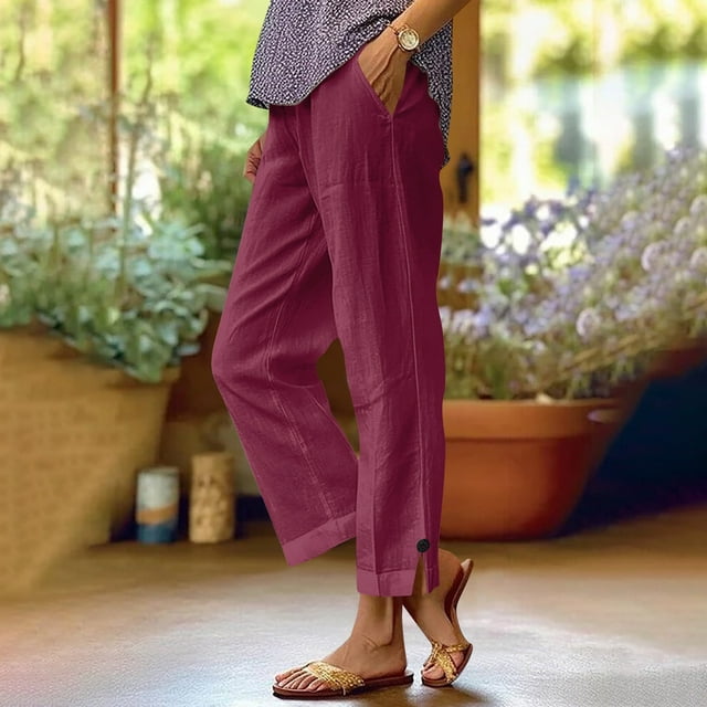 Women's Solid Color Elastic Waist Linen Blend Wide Leg Casual Pants for Spring and Summer
