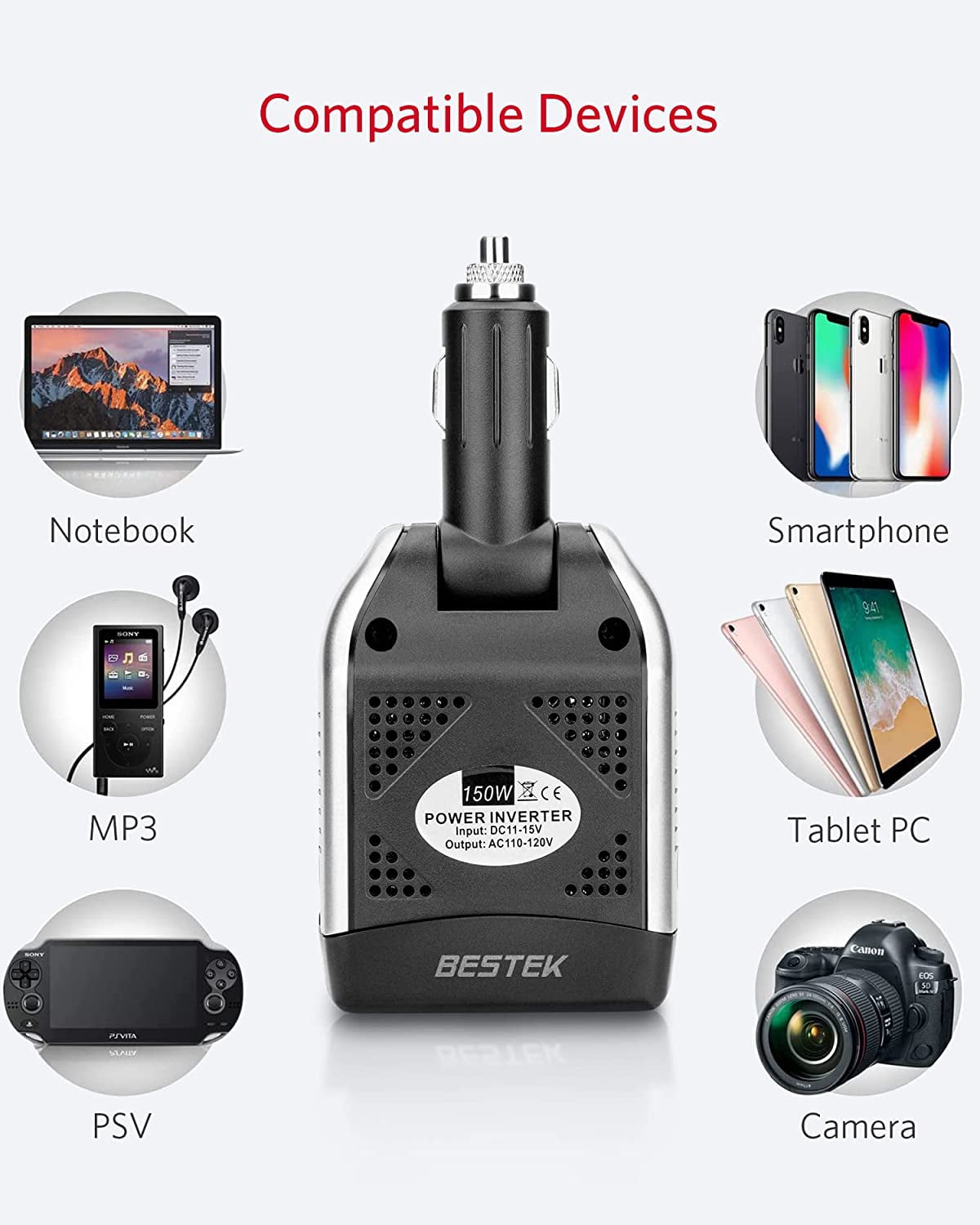 BESTEK 150W Power Inverter 12V to 110V Voltage Converter Car Charger Power Adapter with 2 USB Charging Ports (3.1A Shared),Gray