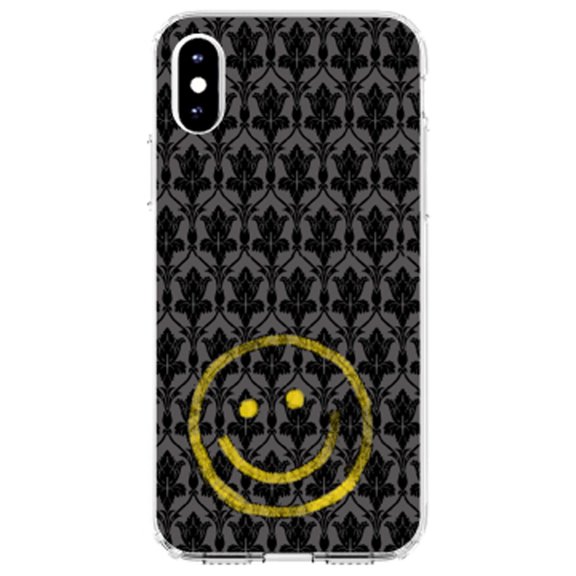 DistinctInk Clear Shockproof Hybrid Case for iPhone XS Max (6.5" Screen) - TPU Bumper, Acrylic Back, Tempered Glass Screen Protector - Yellow Smiley Face Black Grey Damask