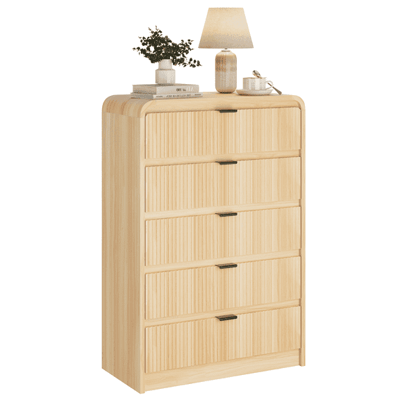 SELOOYE Fluted 5 Drawers Dresser for Bedroom, 47" Tall Modern Dresser Chest of Drawers, Black Accents, Fluted Fronts, Wood Storage Dressers Organizer for Bedroom, Living Room, Natural