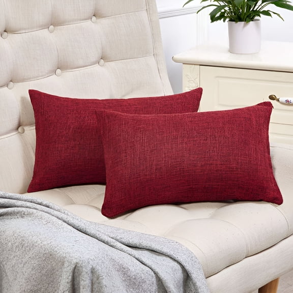AUQ 12” x 20” Burgundy Rustic Linen Throw Decorative Pillow Covers,(2 Count)