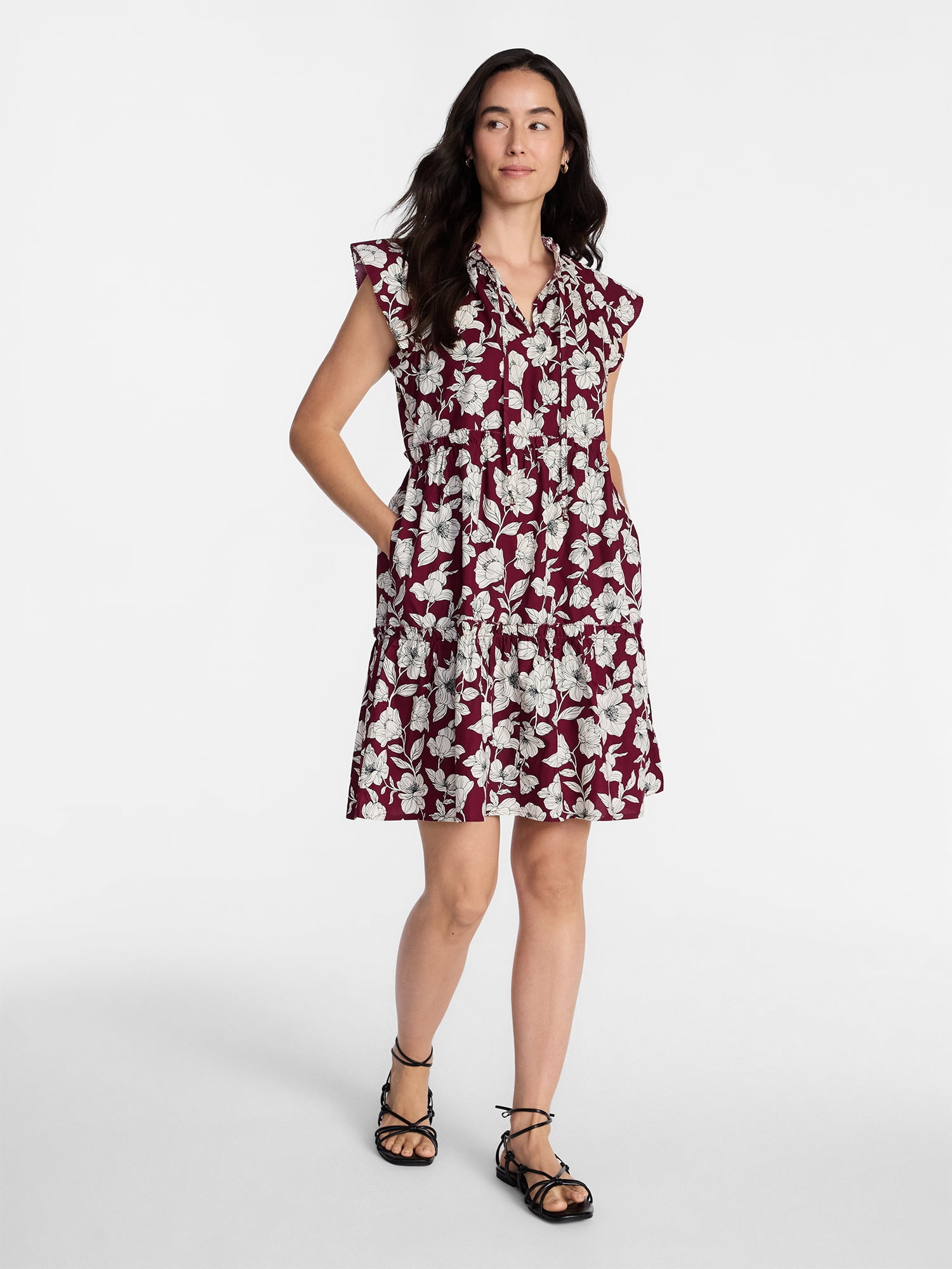 Time and Tru Women's and Women's Plus Tiered Cotton Mini Dress with Flutter Sleeves, Sizes XS-4X