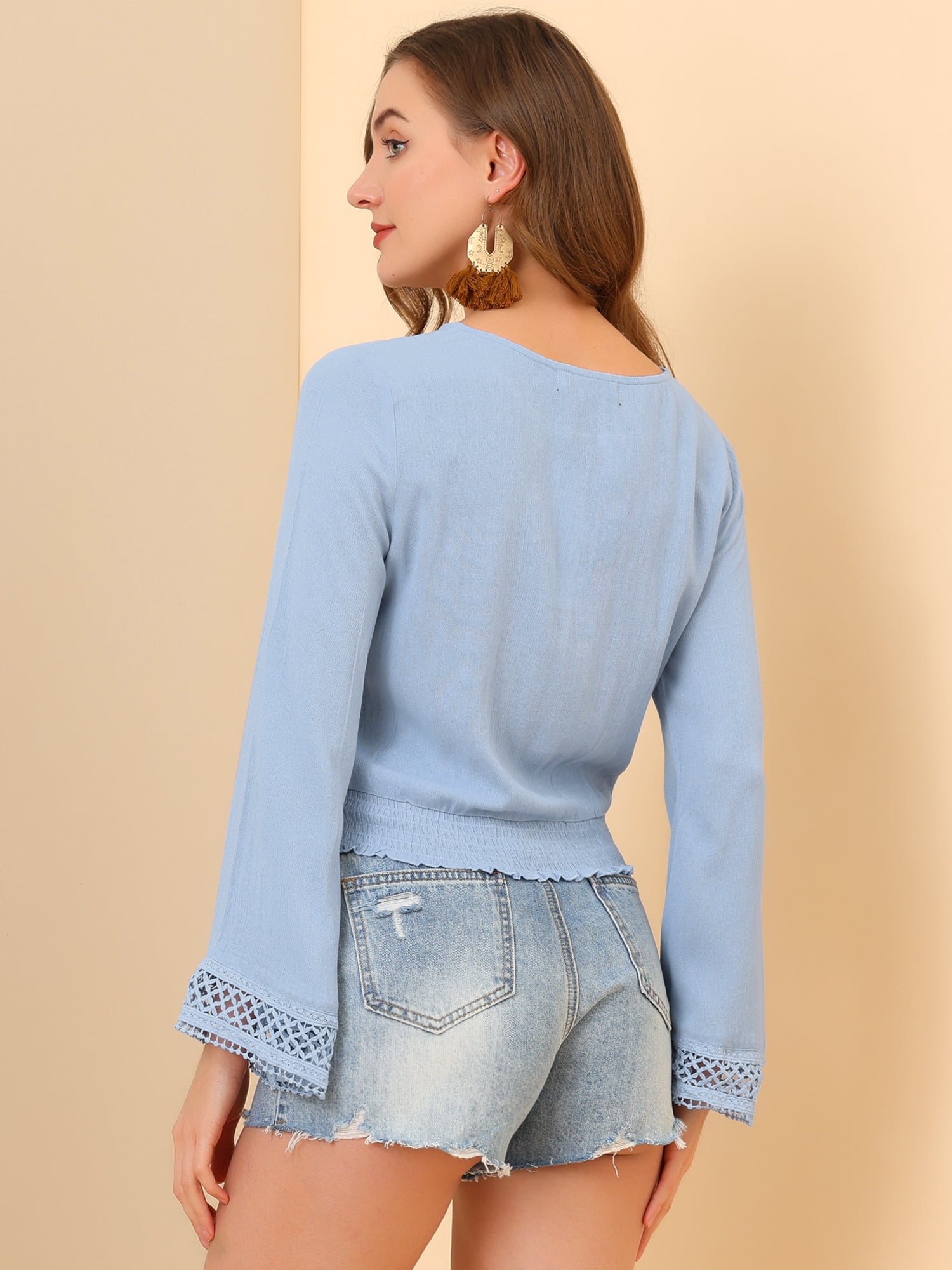 DARING DIVA Women's Bell Sleeve and Smocked Waist Peasant Top XS Blue