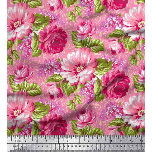 Soimoi Polyester Crepe Fabric Leaves & Peony Floral Decor Fabric Printed Yard 42 Inch Wide