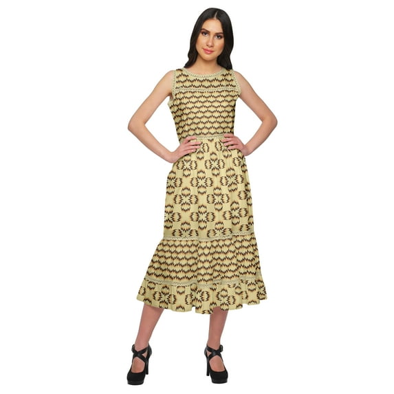 Moomaya Printed Cotton Long Dress For Womens Sleeveless Tiered Casual Summer Tunic