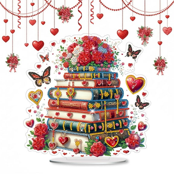 Flopesn Valentine's Day Creative DIY Diamond Art Painting Decorative Handcrafted Ornament, Irregular-Shaped Acrylic Home Decor (Double-Sided Design, Single-Sided Rhinestone Accents)-Rose Book