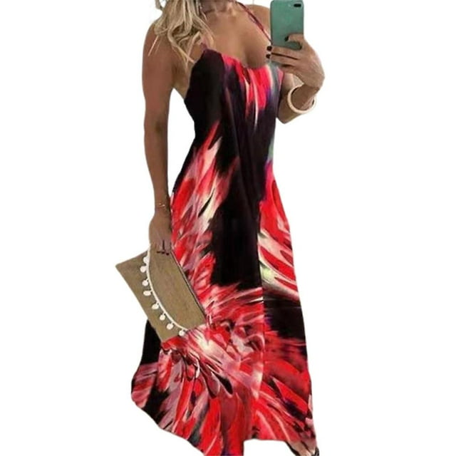 Robe Longue d'Été Décontractée pour Femmes à Col Licou Imprimée, Coupe Ajustée, Plage, Fête, Sans Manches, Maxi, Grande Taille