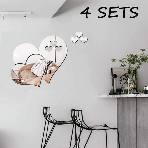 Visland 4 Sets Wall Sticker 3D Mirror Love Hearts Removable Wall Sticker Decal Home Decor Art DIY Wall Stickers Decoration for Kid Girl Teens Living Room Bedroom Bathroom Kitchen Art Mural Decor