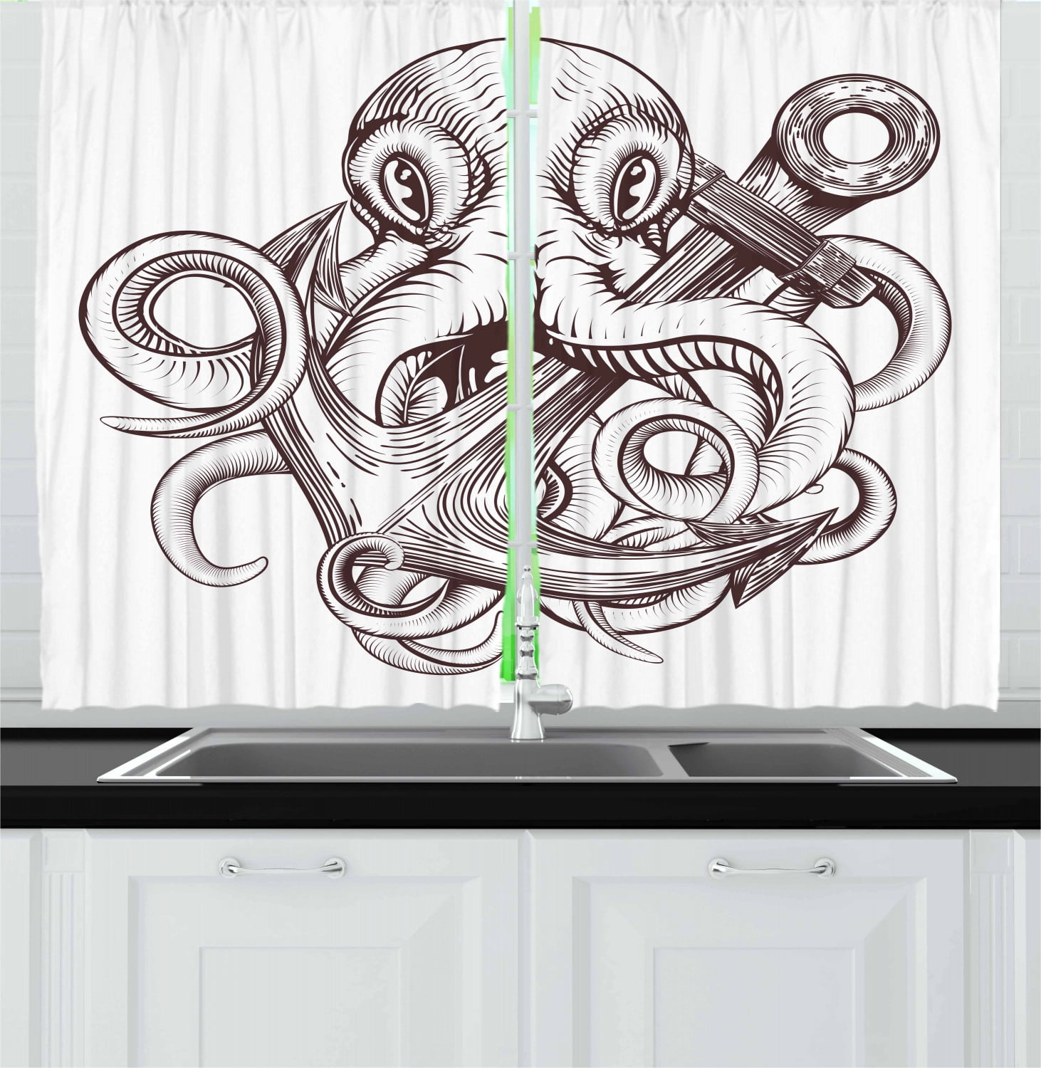 Anchor Curtains 2 Panels Set Monochrome Octopus Tattoo Art Style Naval Sketch Mythical Kraken Beast Design Window Drapes For Living Room Bedroom 55w X 39l Inches Brown And White By Ambesonne