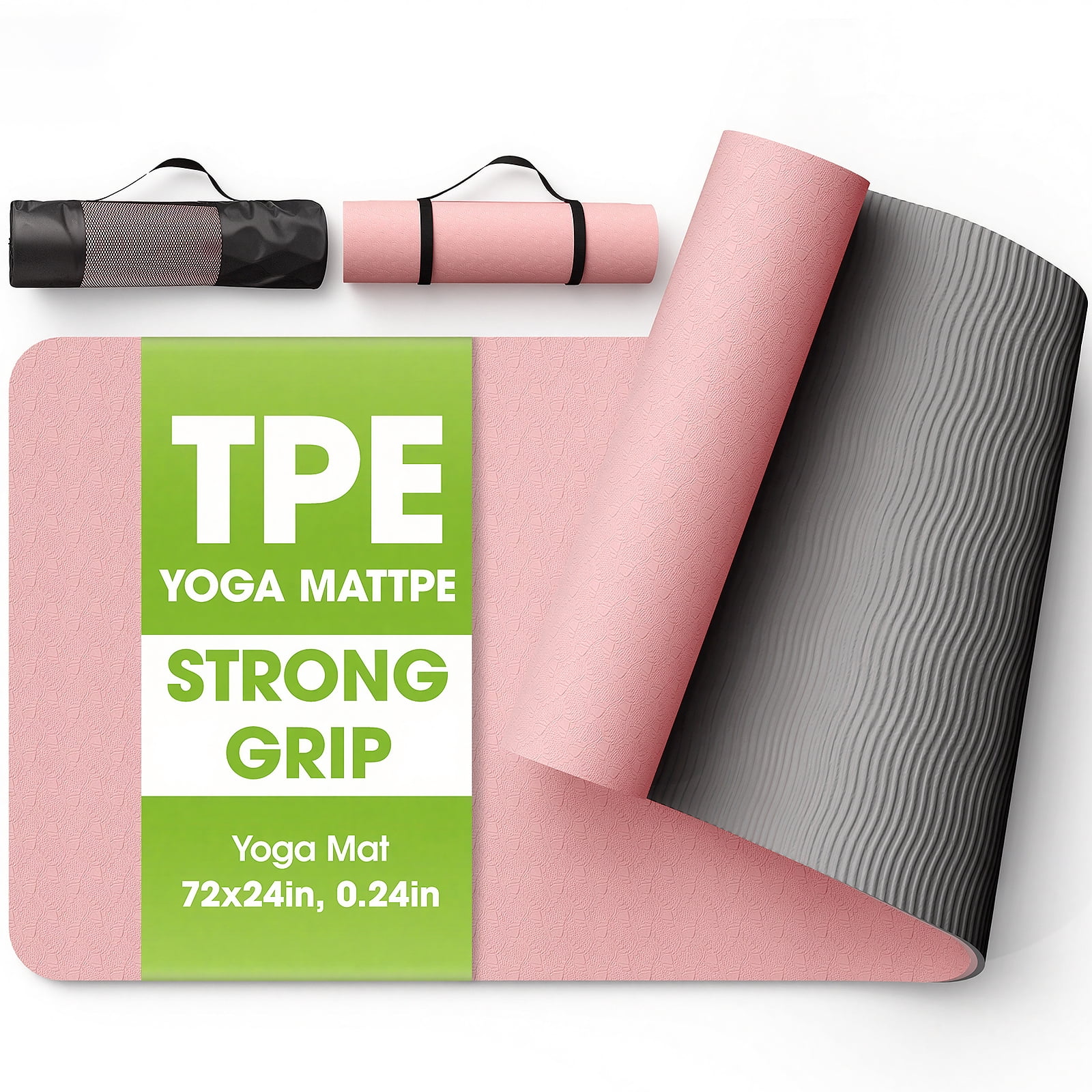 Yoga Mat with Strap, Non-Slip Pilates Exercise Mat, Tear-Resistant, 72" x 24", Pink