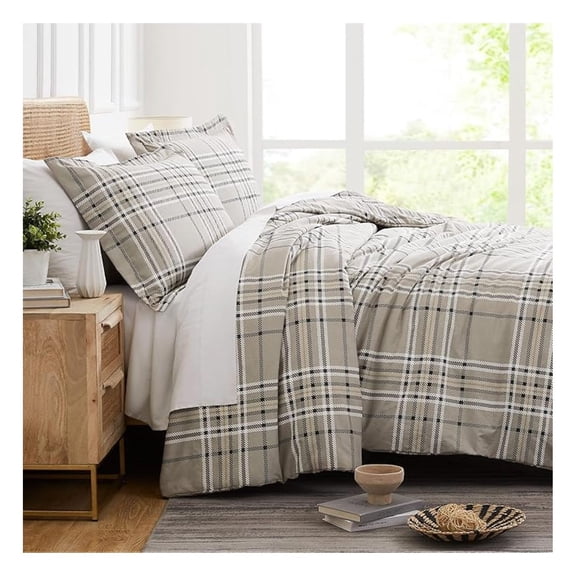 3-Piece Full/Queen Comforter Set with 2 Pillow Shams, Premium Bedding Set, Oversized Down Lightweight, All Season Comforter Queen Size/Full, Mocha Beige Plaid