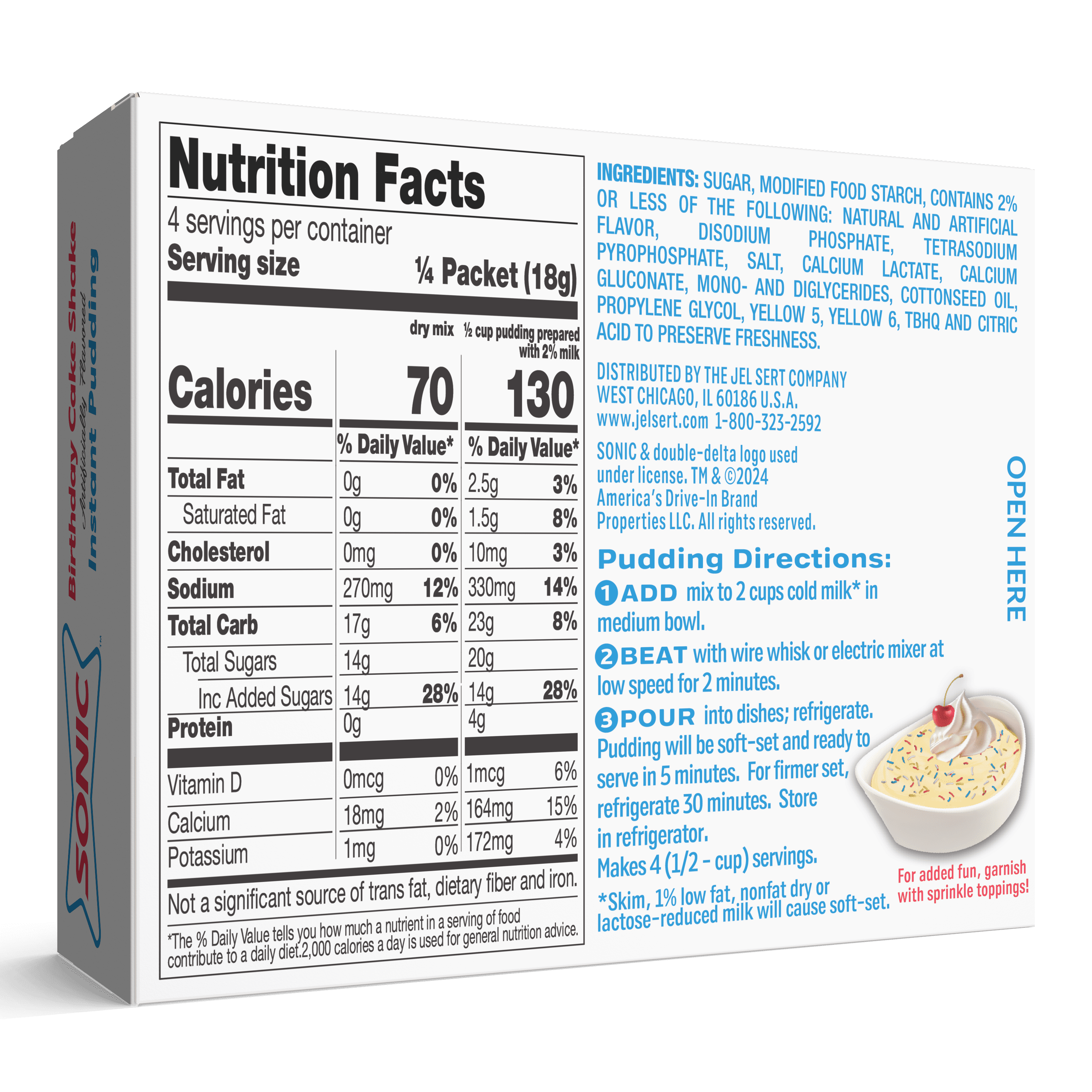 (6 pack) SONIC® Birthday Cake Shake Instant Pudding, 4 Servings, 2.58 oz Box