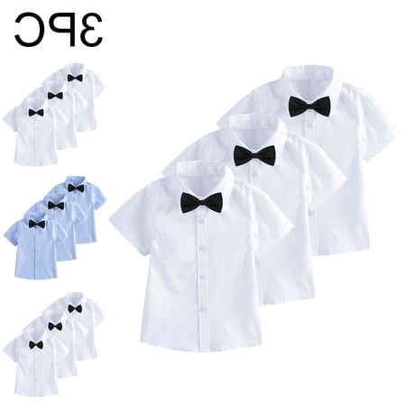 Crunowin Boys And Girls School Uniform Cotton Shirt Short Sleeve Lightweight British Style 3 Piece Set with Bow Tie Kids Gentleman Outfit Tops Black Size 2T