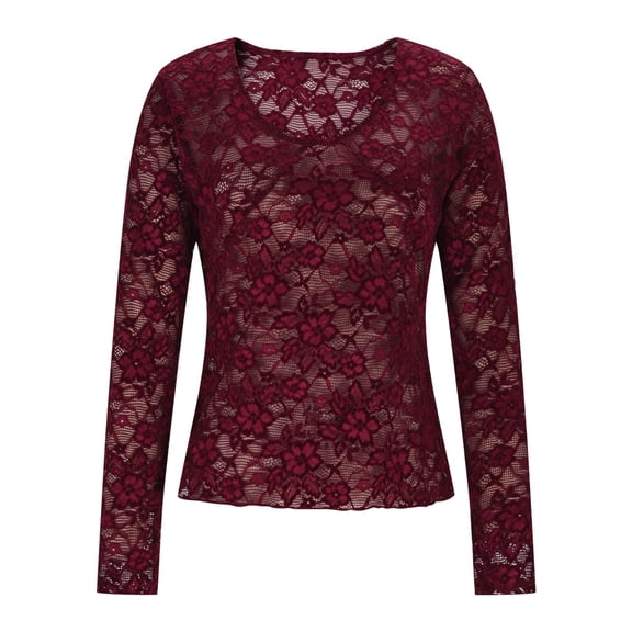 TKLPEHG Sheer Tops for Women Long Sleeve Lace Hollow-out Slim Layering Round Neck Solid Color Basic Tshirts (Red,XL)