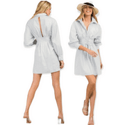 Shopping By Eve - Puff Sleeve Drawstring Wide Hem Shirt Dress