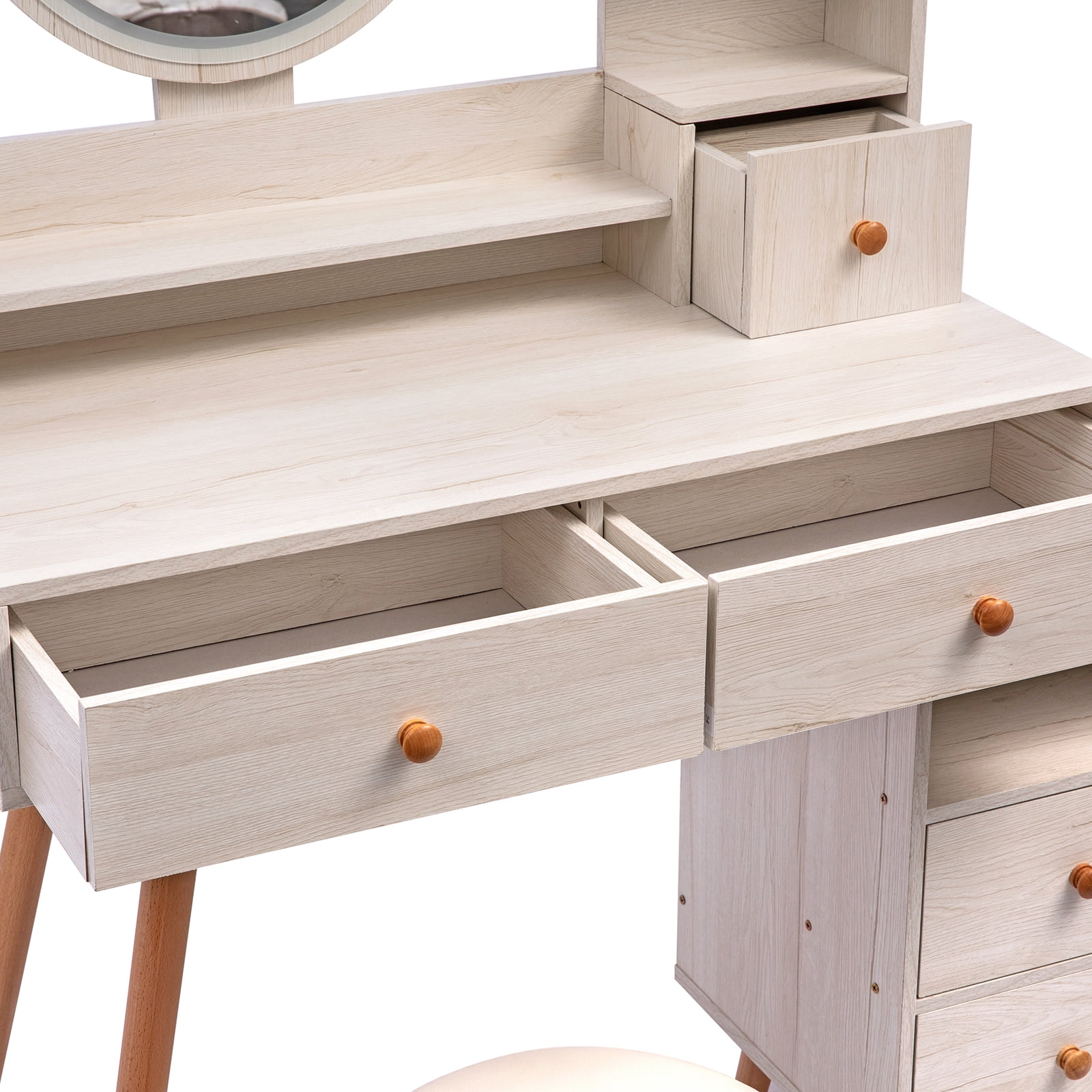 AENKYO Vanity Table Set with Touch LED Mirror & Stool, 5-Drawer Storage, Adjustable Makeup Desk for Girls & Women - White