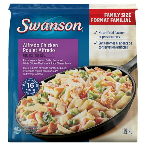 Poulet Alfredo Swanson : un repas surgelé avec des pâtes, des légumes et du poulet assaisonné et grillé dans une sauce Alfredo 1,19 kg