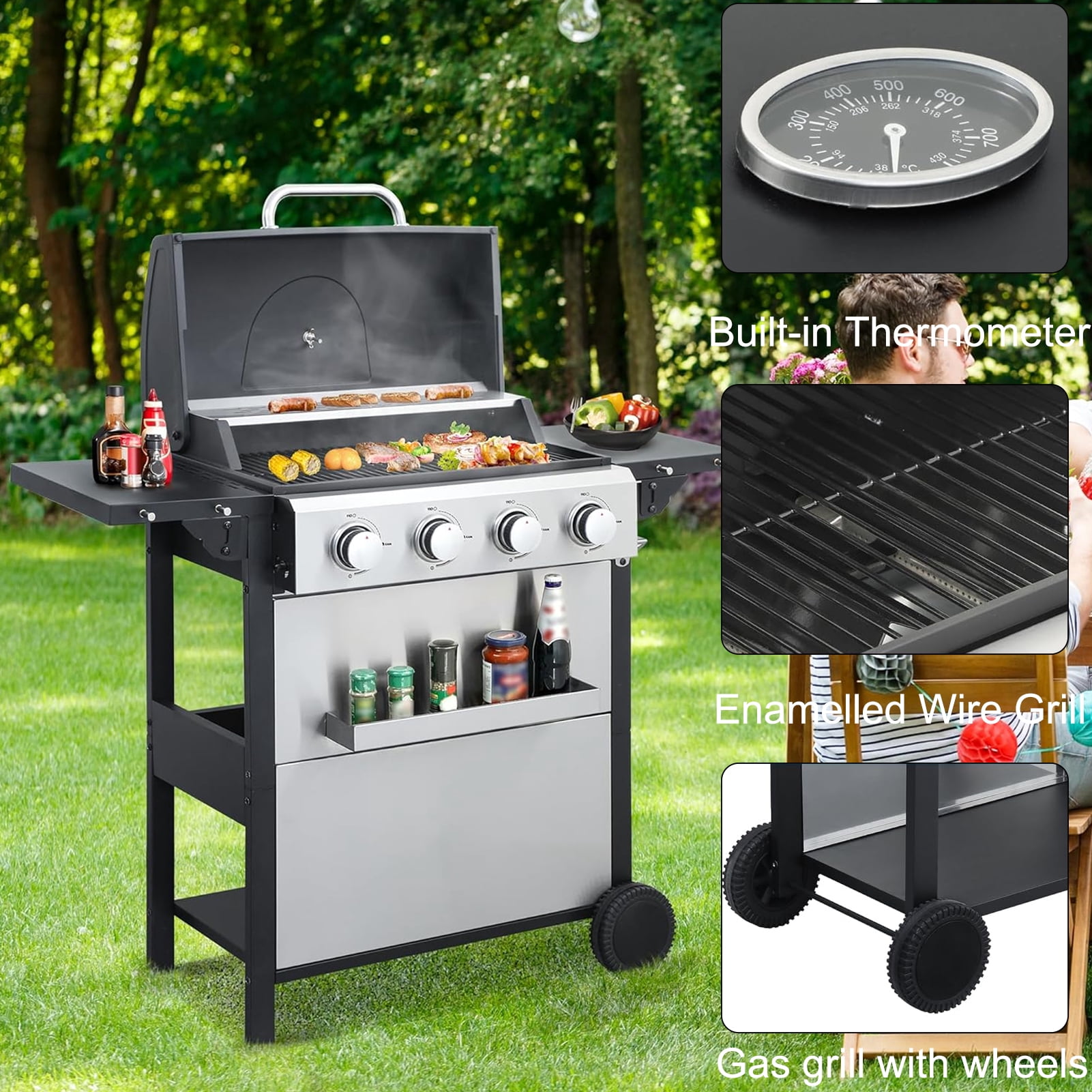 4-Burner Gas Grill, Stainless Steel Propane Grill 2 Foldable Side Tables, 25,650 BTU Outdoor BBQ Grill with Wheels, Built-in Thermometer for Backyard, Garden, Camping