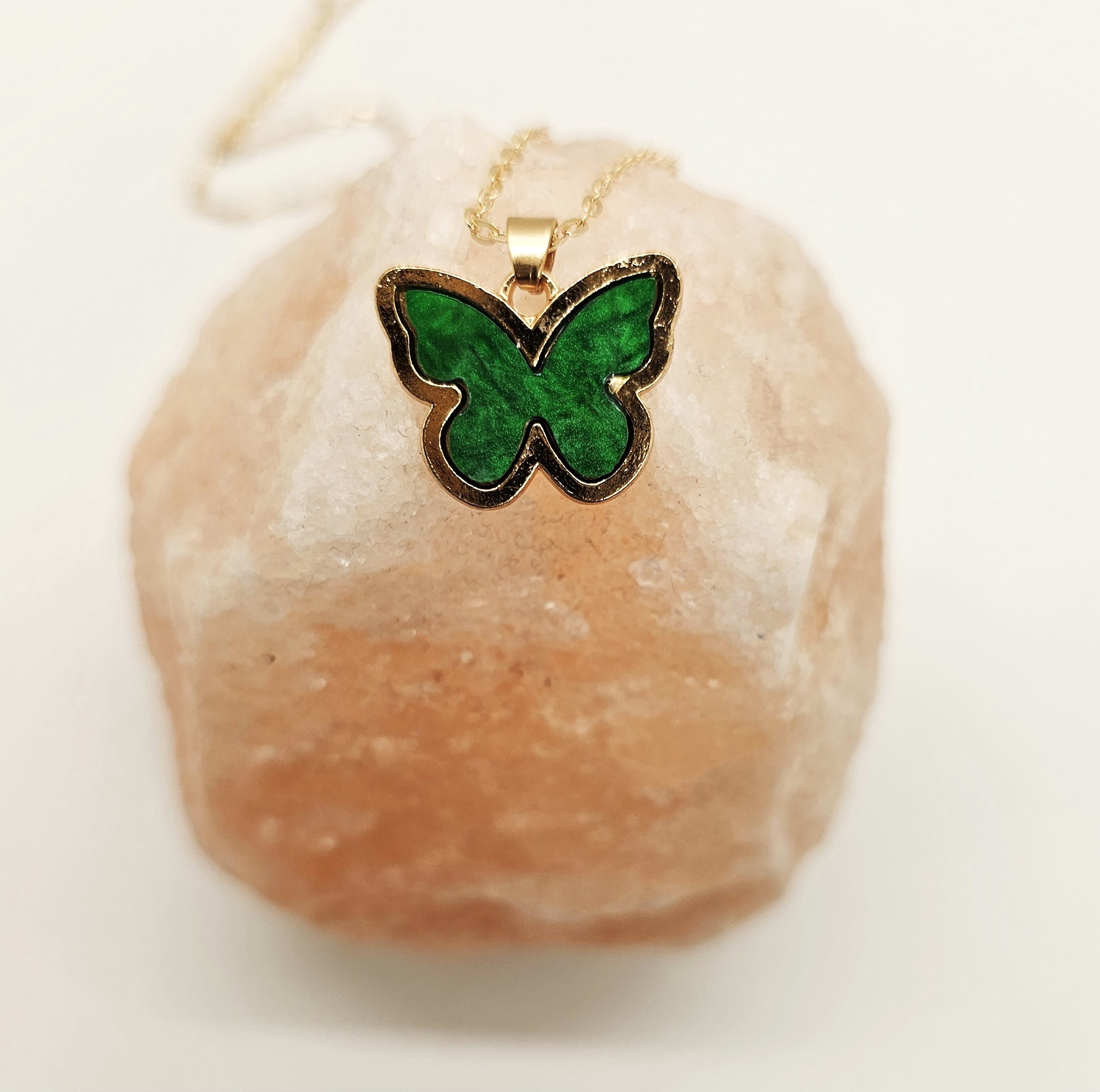 Green Enamel Butterfly Necklace, Gold Tone