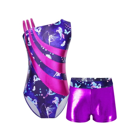 YEAHDOR Kids Girls Bronzing Ballet Dance Set Asymmetrical Shoulder Leotard with Metallic Shorts Gymnastics Suit Outfit