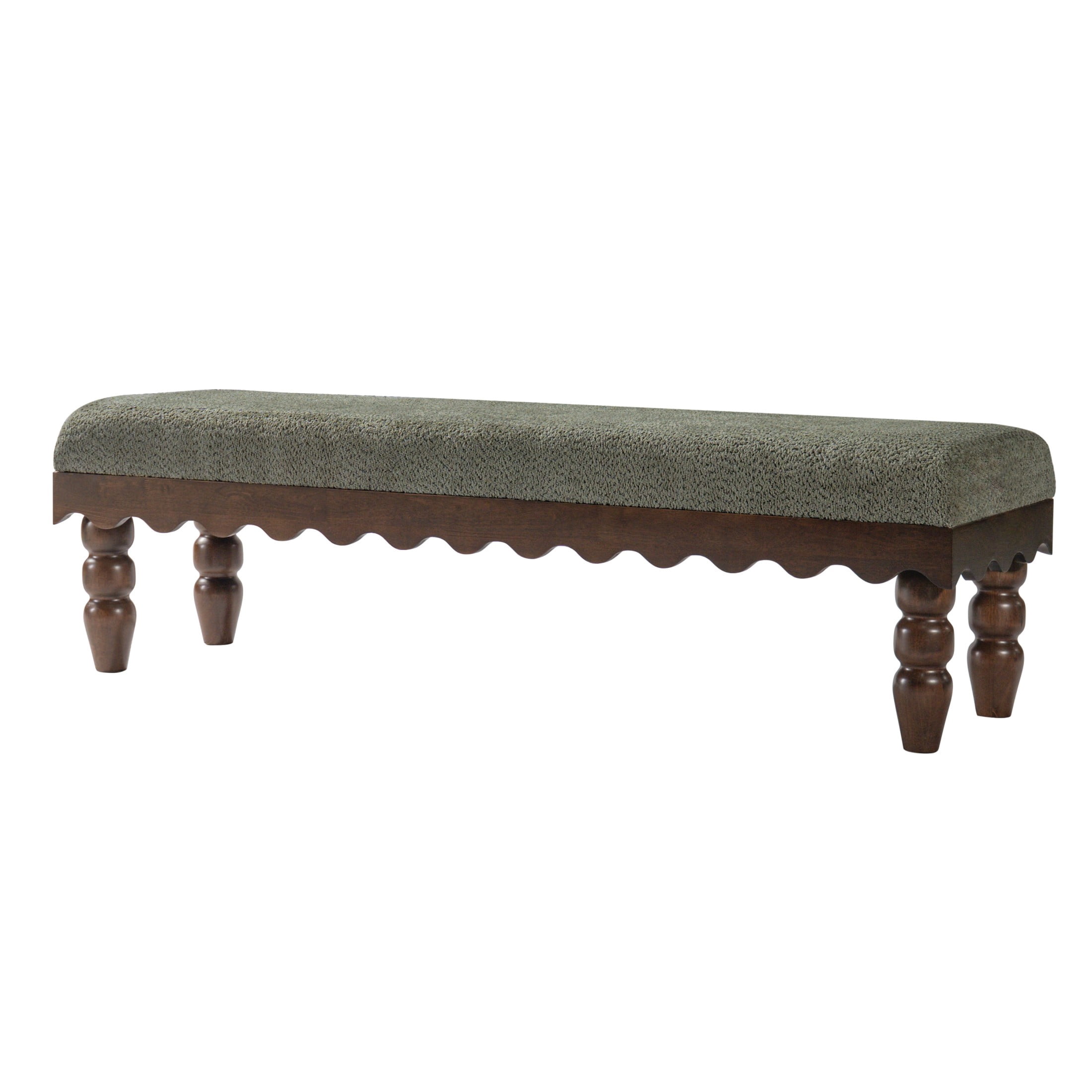 Christopher Knight Home Vintage Boucle Fabric Bench, Wave Trim Ottoman with Solid Wood Legs, Olive Green