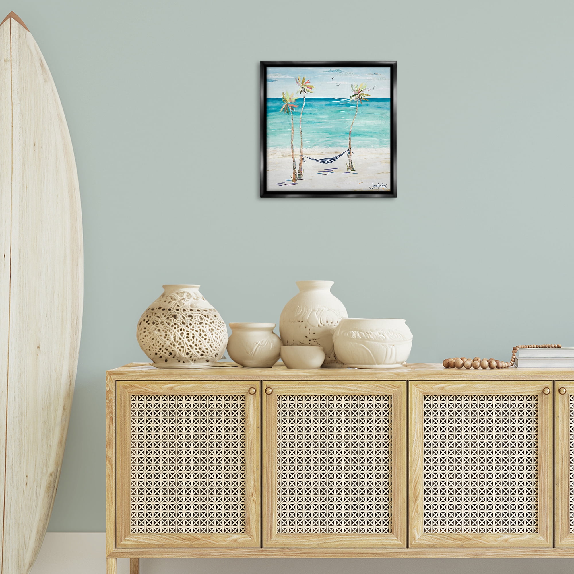 Stupell Industries Hammock & Three Palms Coastal Painting Black Floater Framed Canvas Art Print Wall Art, 18 x 18
