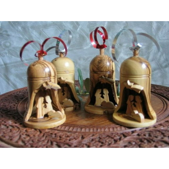 Holy Land Imports 4 Olive Wood Bell Christmas Ornaments from Bethlehem