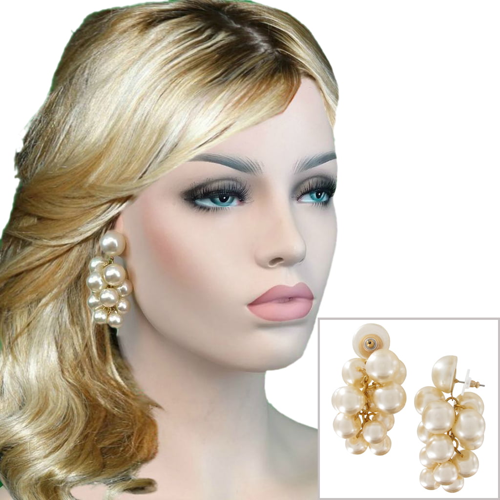 White Black Beaded Cluster Gold Tone Pierced Earrings 2 1/4" Dangle 