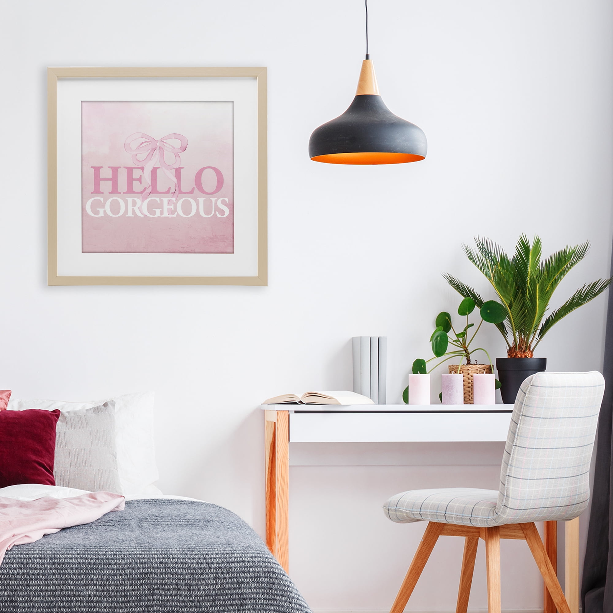 Feminine Hello Gorgeous Birch Framed Print Under Glass, design by Kim Allen