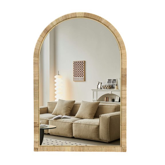 16"×24" Handmade Rattan Framed Wall Mirror, Rustic Farmhouse Style Decorative Mirror, Boho Chic Design, Ideal for the Living Room, Bedroom, Bathroom and Fireplace, Arch