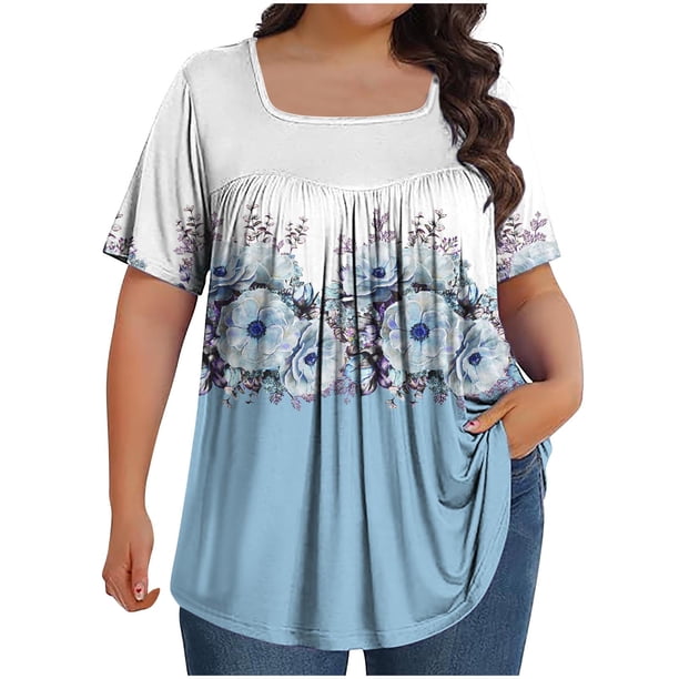 Fiudx Ofertas Del Día Top Holgado de Manga Corta Plisado con Cuello Extragrande Estampado para Mujer L-5Xl