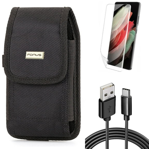 6ft USB Cable w Matte Screen Protector w Case Belt Clip for Samsung Galaxy S21 Plus - Type-C Charger Cord, TPU Film Anti-Glare, Rugged Holster Accessory Bundle