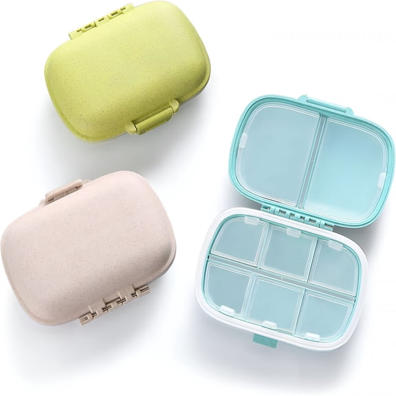 ACDANC 3 Pack 8 Compartments Travel Pill Organizer,Daily Pill Case Small Pill Box for Pocket Purse,Portable Pill Container Medicine Vitamin Organizer (Blue,Green,Khaki)