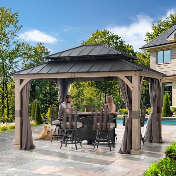 Sunjoy 13 x 11 Wood Hardtop Gazebo with Customizable Netting and Curtains, Featuring a Double-Layer Galvanized Steel Roof