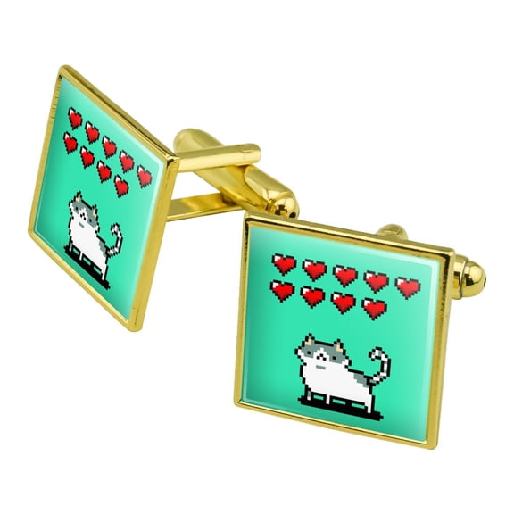 Nine Lives Cat Pixel Retro Game Square Cufflink Set - Silver or Gold