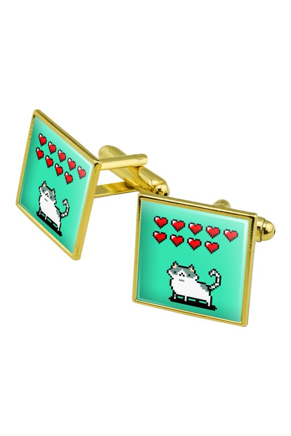 Nine Lives Cat Pixel Retro Game Square Cufflink Set - Silver or Gold