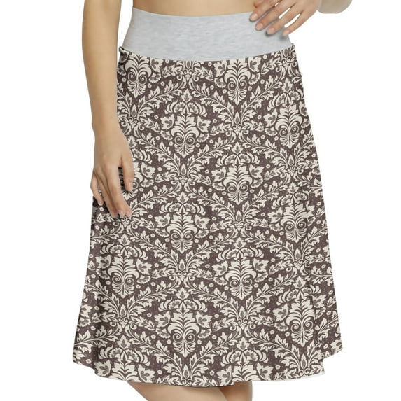 Women's Vintage Traditional Damask Flowers A-line Printed Skirt Casual Wear, 3XL, Brown Cream, by Ambesonne