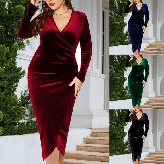 YHAJDS Women's Casual Dress,Plus Size Dresses Long Sleeve Dress Women's Dresses Solid Color V Neck Velvet Dress Warm Slim Elegant Formal Wear for Fall Winter