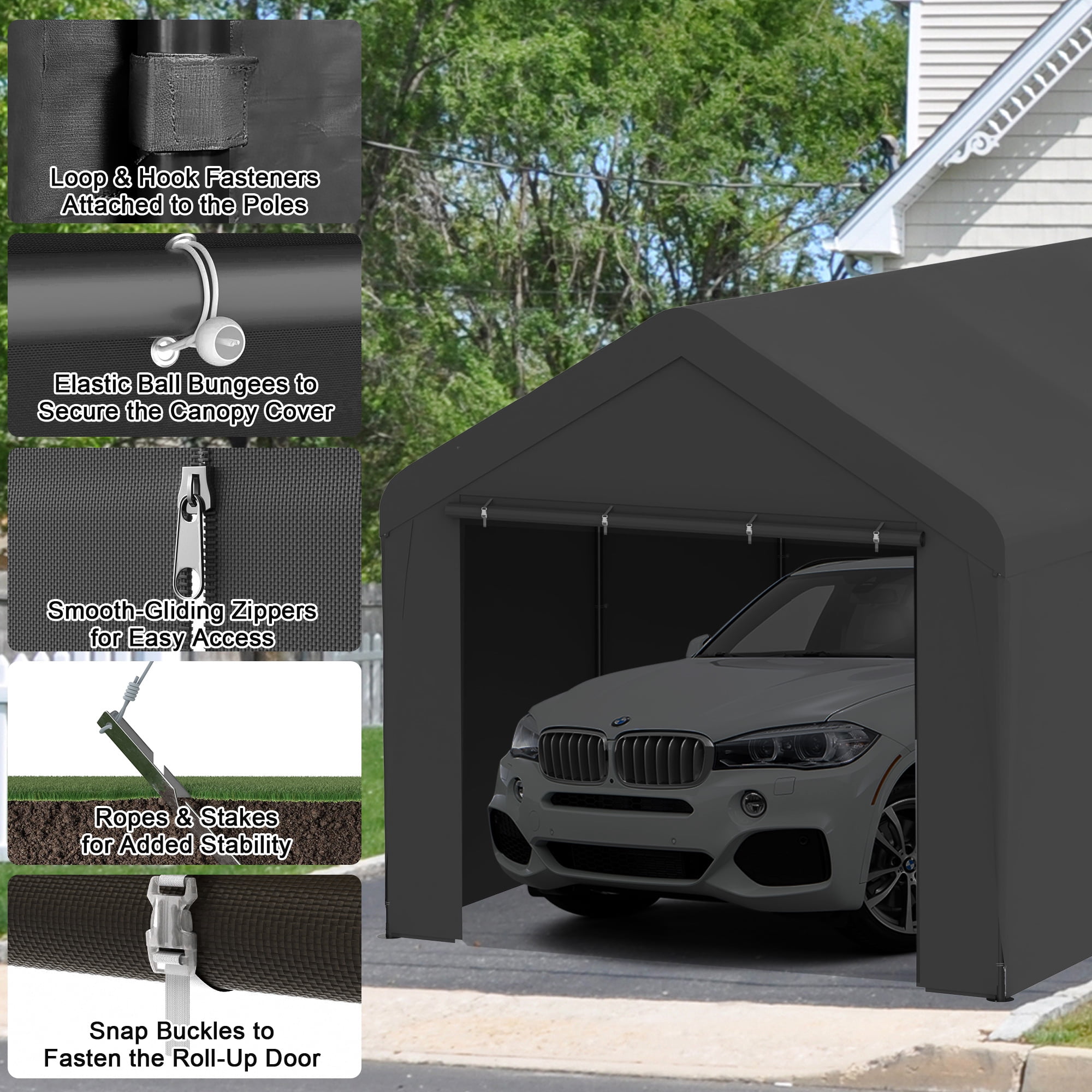 Outdoor Carport 10' x 20' Portable Garage Car Shelter Shade with Removable Sidewalls & Doors, Carport Canopy with Powder-Coated Steel Frame for Outdoor Party, Birthday