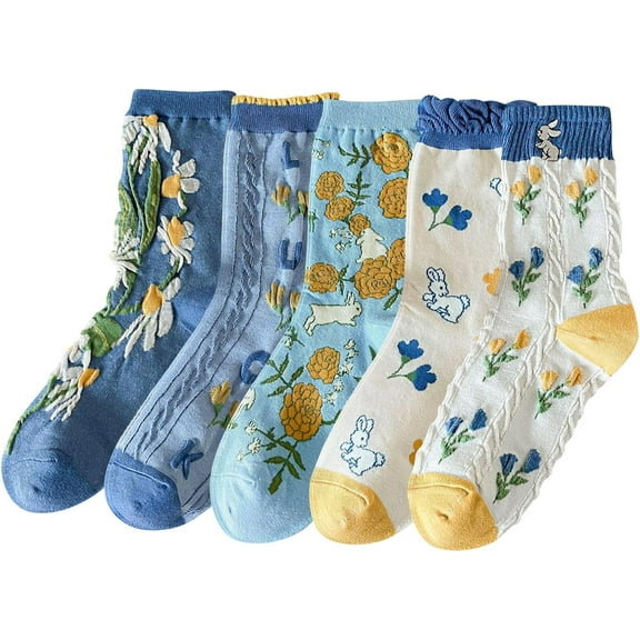 5 Pairs Vintage Floral Crew Socks for Women, Soft Cotton Embroidered, Cottagecore Ruffle Socks for Casual & Dress Wear