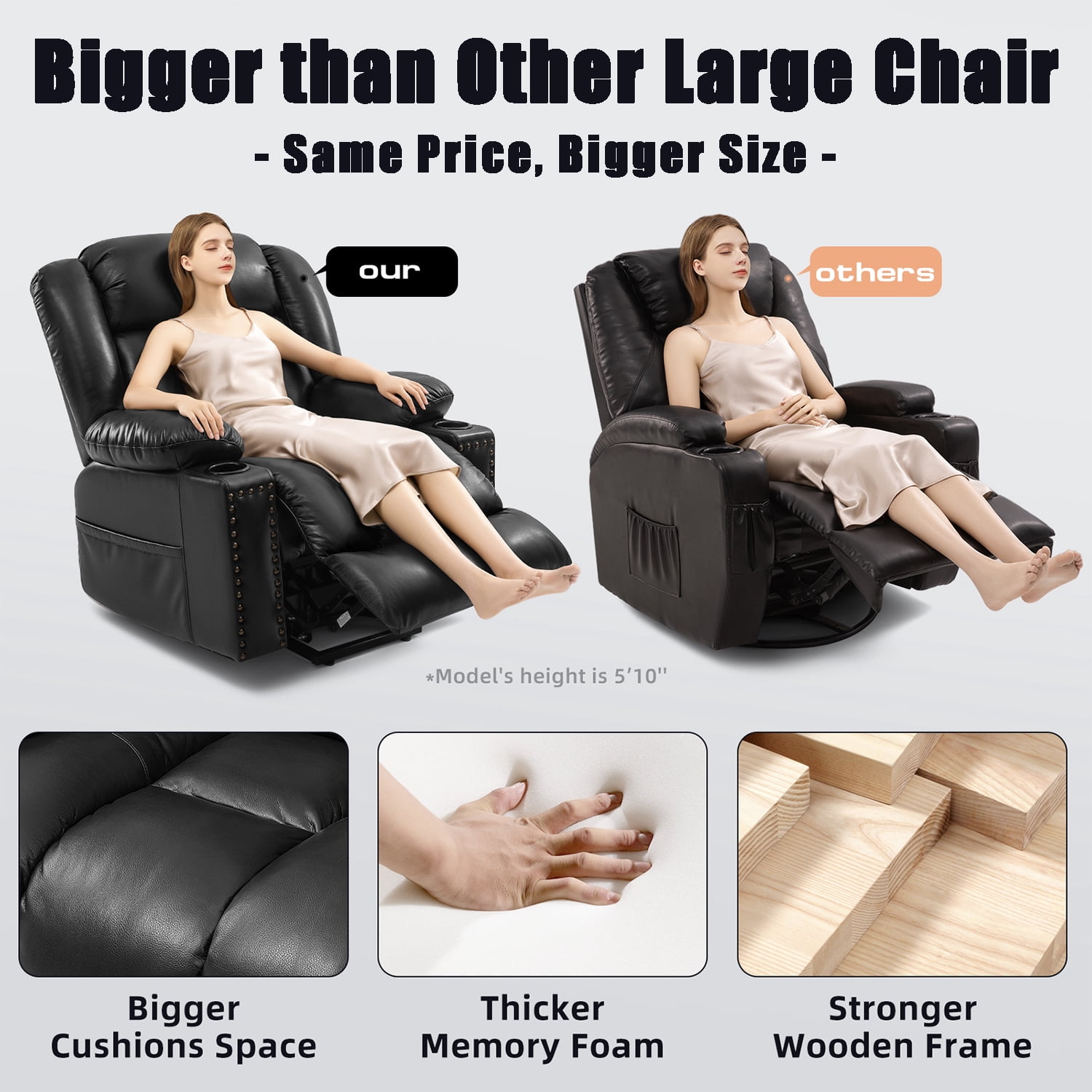 Large Power Lift Chairs Recliners for Elderly with Heated and Massage, Overstuffed Adjustable Lift Chairs, 3 Positions, Breathable Leather, USB-A and USB-C, Cup Holder, Side Pocket, Dark Brown