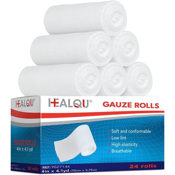 HEALQU Premium Gauze Rolls - 4" x 4 Yards, 24 Individually Wrapped Rolls - Super Soft Conforming Stretch Gauze Bandages for Wound Dressing & Support