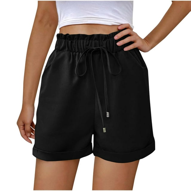 biudgviw Shorts for Women Ruffle Elastic High Waisted Drawstring Casual Shorts Trendy Summer Shorts with Pockets