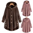 thumbnail image 3 of Women's Fashion Faux Fur Button Coat - Solid Color Loose Hooded Pullover Sweater Jacket, Coffee Brown, 5XL, 3 of 3