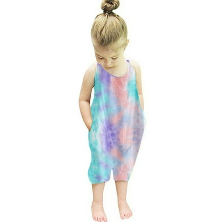 

CenturyX Infant Baby Girls Tie-dye Romper Summer Sleeveless Halter Backless Jumpsuit One-piece Playsuit with Pockets Purple 3 Years