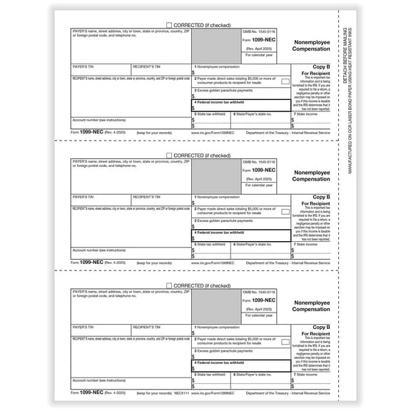 ComplyRight 2025 1099-NEC Tax Form 1-Part 3-Up Recipient Copy B 50/Pack (NEC511150)