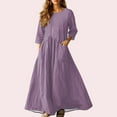 thumbnail image 2 of Women Solid Color Dresses 2025 Summer Autumn Casual 3/4 Sleeve Linen Round Neck Maxi Loose Fit Temperament Long Dress With Pockets, 2 of 2