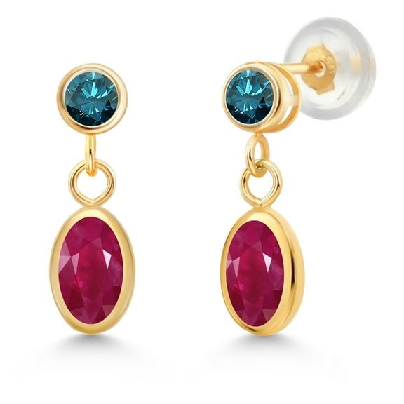 Gem Stone King 14K Yellow Gold Red Ruby and Blue Diamond Drop Dangle Earrings for Women (1.40 Cttw, Gemstone Birthstone, Oval 6X4MM, Round 3MM)