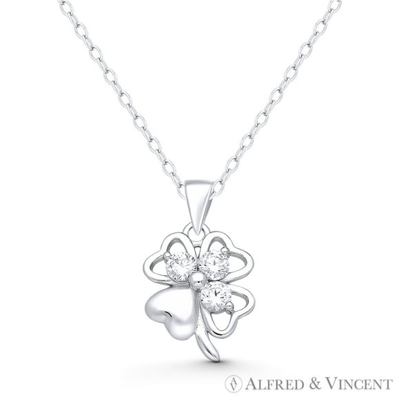 4-Leaf Clover Cubic Zirconia CZ Crystal Irish Luck Charm 21x12.5mm (0.8x0.5in) Pendant & Chain Necklace in .925 Sterling Silver w/ Rhodium